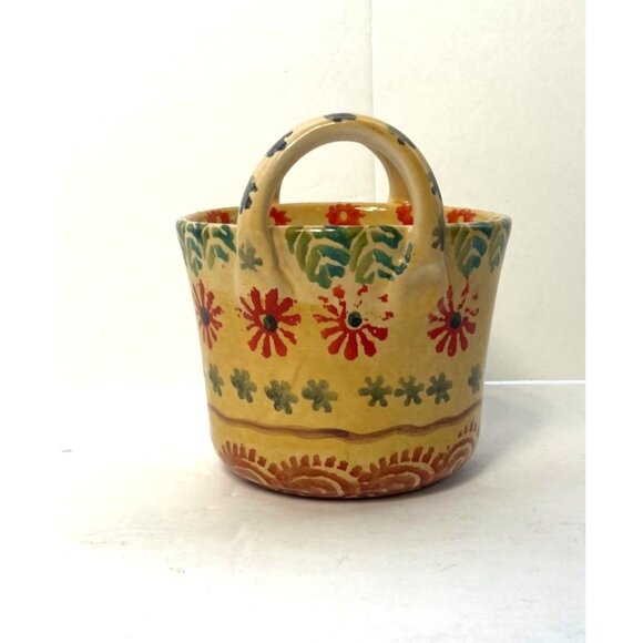 Vintage Handpainted Italian Ceramic Planter With Floral Design & Handles - Picture 4 of 6